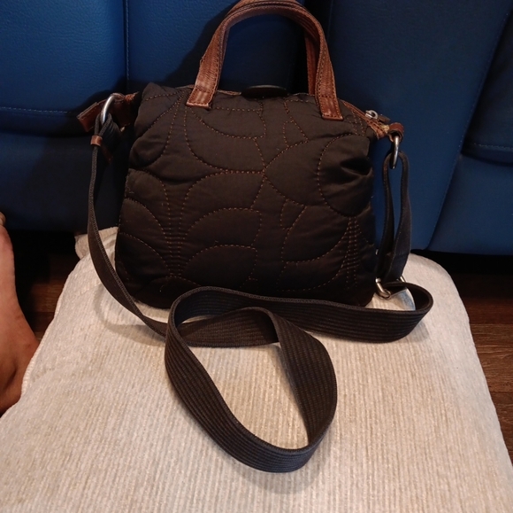 FOSSIL KEY-PER FOSSIL WOMENS CROSSBODY TOTE Black FABRIC/BROWN  LEATHER ZIP BAG - Picture 4 of 6
